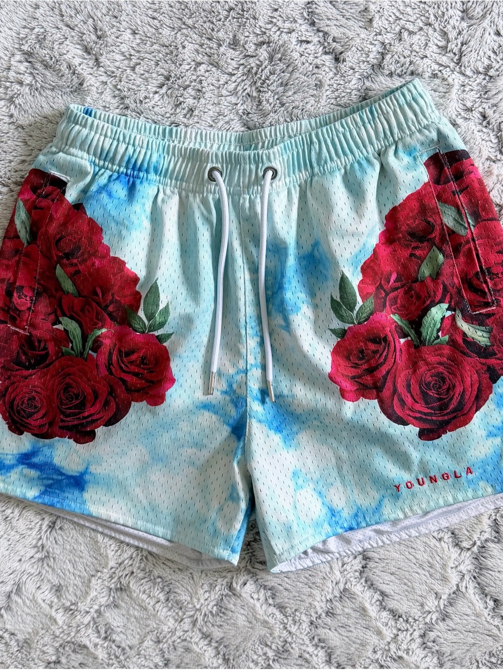 YoungLA Roses141 Block Party Floral Mesh Shorts Light Blue Men’s Small AOP Gym